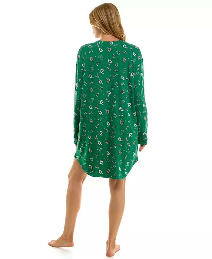 ROUDELAIN Printed Long-Sleeve V-Neck Sleepshirt GREEN XS
