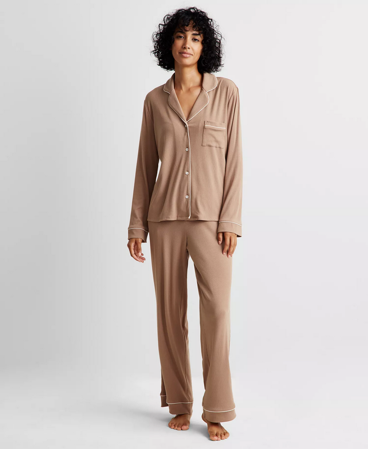 STATE OF DAY Packaged Ribbed Notched-Collar Pajamas Set BROWN M
