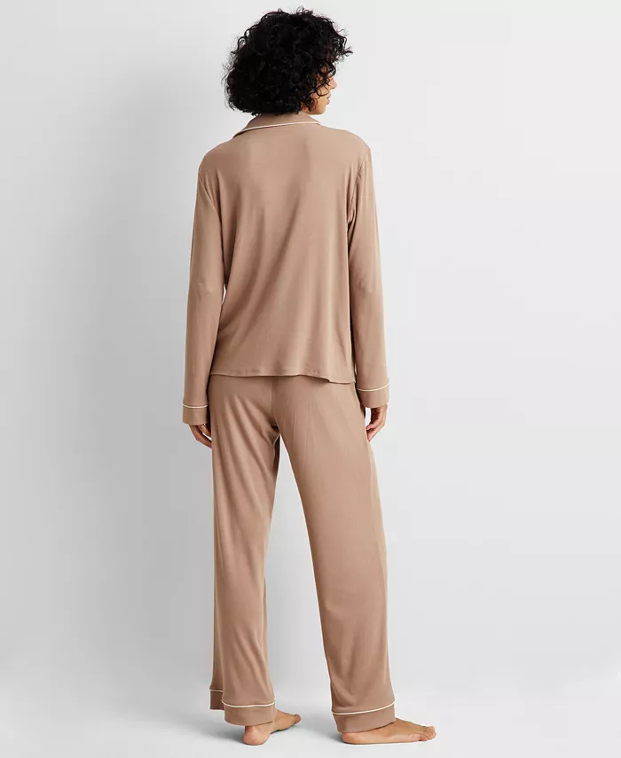 STATE OF DAY Packaged Ribbed Notched-Collar Pajamas Set BROWN M