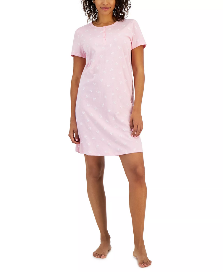 CHARTER CLUB Cotton Printed Henley Sleepshirt PINK L