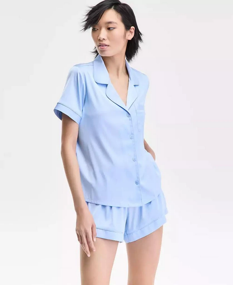 INC Stretch Satin Short-Sleeve Pajama Set BLUE XL
