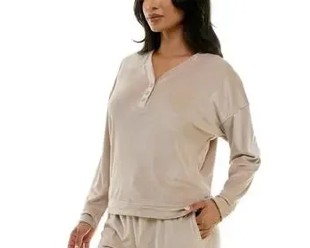 ROUDELAIN Long-Sleeve Ribbed Velour Pajama Top BEIGE L