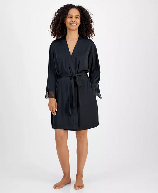 INC Lace-Trim Stretch Satin Robe BLACK XL