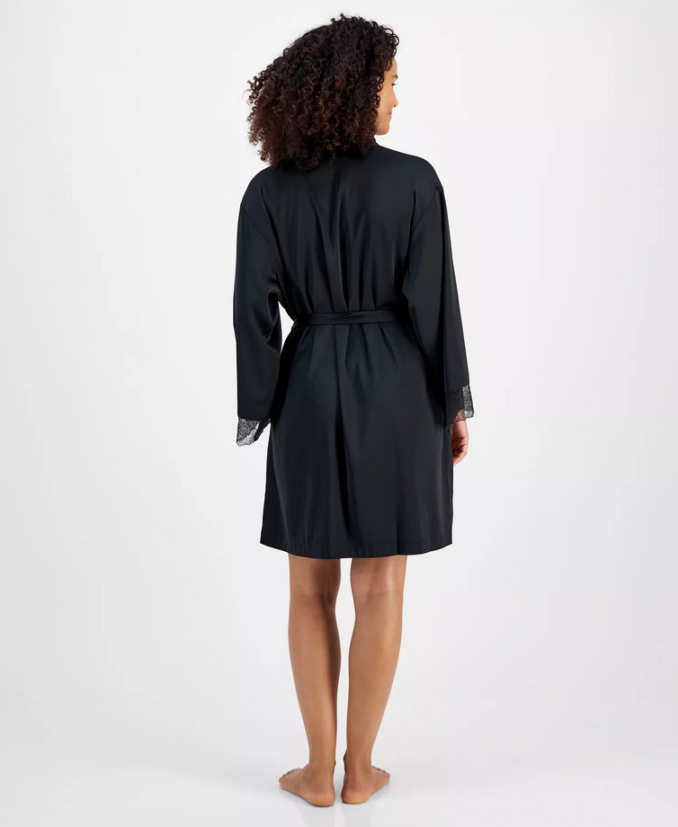 INC Lace-Trim Stretch Satin Robe BLACK XL