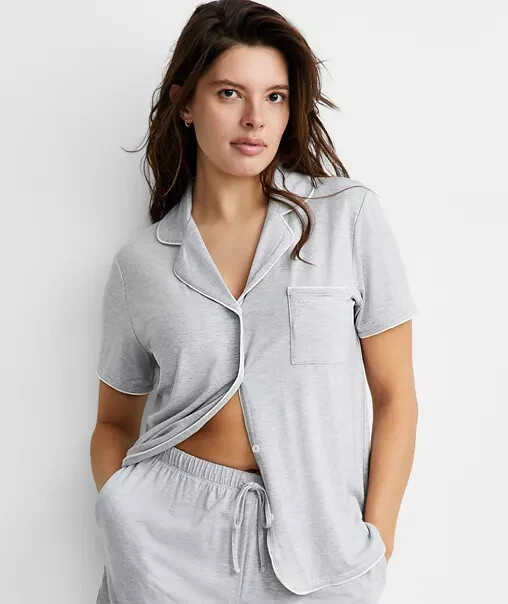 STATE OF DAY Short-Sleeve Notched-Collar Pajama Top GREY XXL