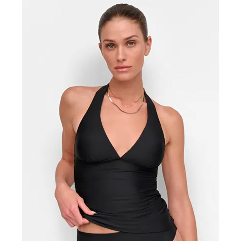 DKNY Halter V-neck Shirred Tankini Top BLACK L