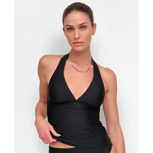 DKNY Halter V-neck Shirred Tankini Top BLACK L