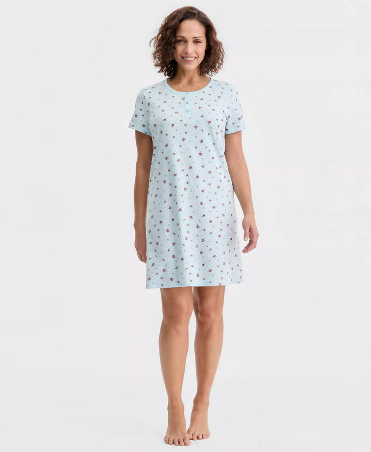 CHARTER CLUB Cotton Printed Henley Sleepshirt WHITE L