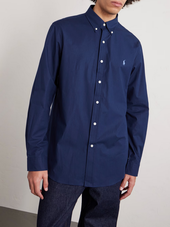 POLO RALPH LAUREN Logo-Embroidered Stretch-Cotton Poplin Shirt NAVY BLUE XL