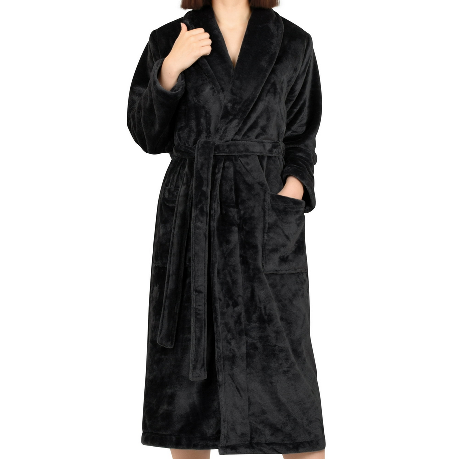 COTTON PARADISE Warm Polar Lining Unisex Bathrobes BLACK L/XL