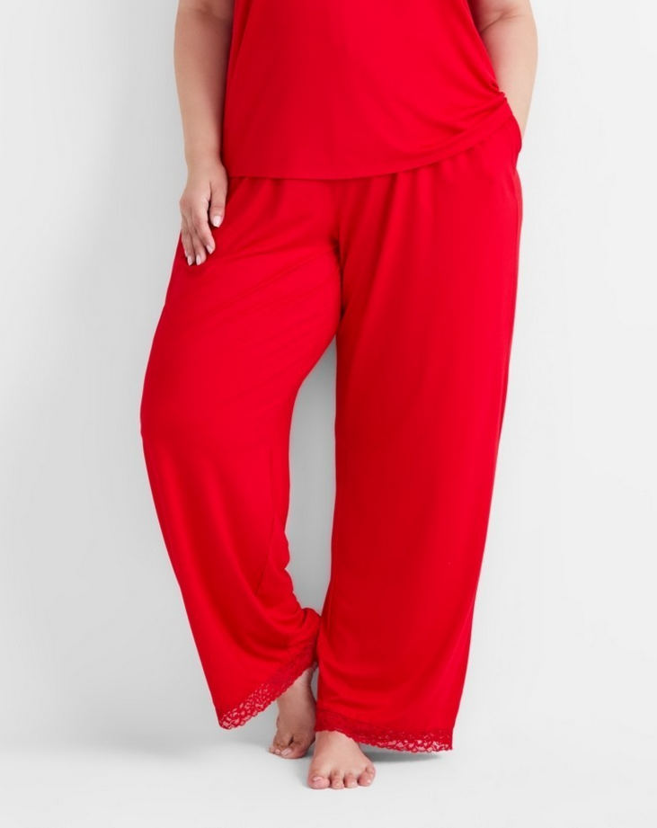 STATE OF DAY Lace-Trim Wide-Leg Pajama Pants RED M