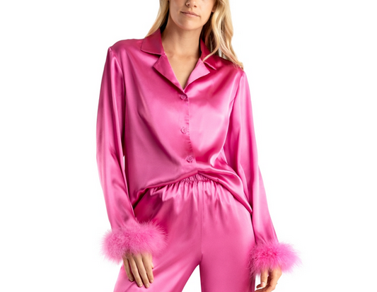 LINEA DONATELLA Marabou Feather Satin Pajama PINK XL