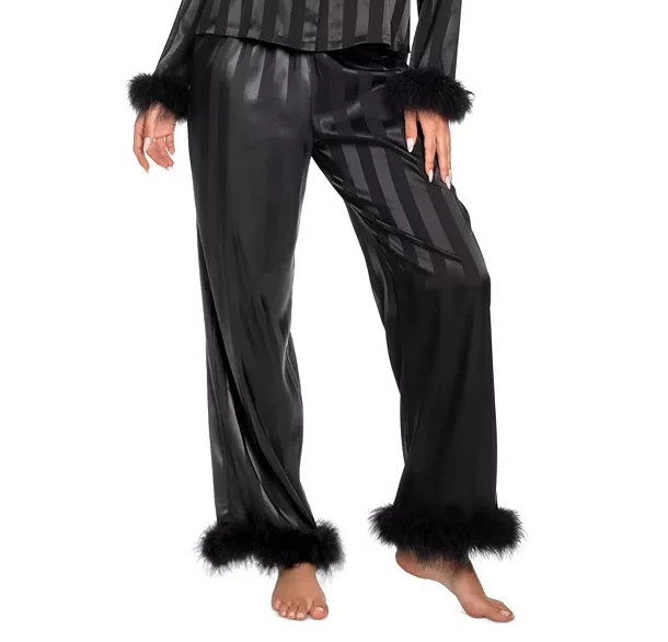 LINEA DONATELLA Satin Feather-Trim Pajama Bottom BLACK XL