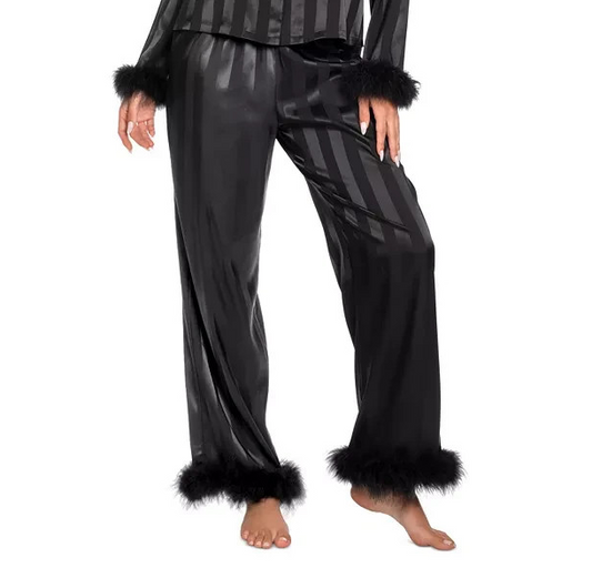 LINEA DONATELLA Satin Feather-Trim Pajama Bottom BLACK XL
