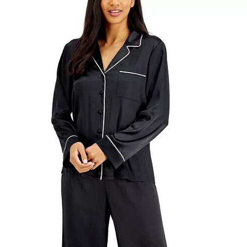 I.N.C Satin Notch Collar Pajama Top BLACK M