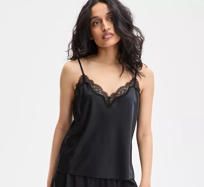 I.N.C Stretch Satin Lace-Trim Tank BLACK XL
