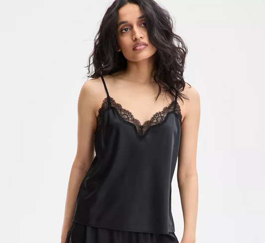I.N.C Stretch Satin Lace-Trim Tank BLACK XL