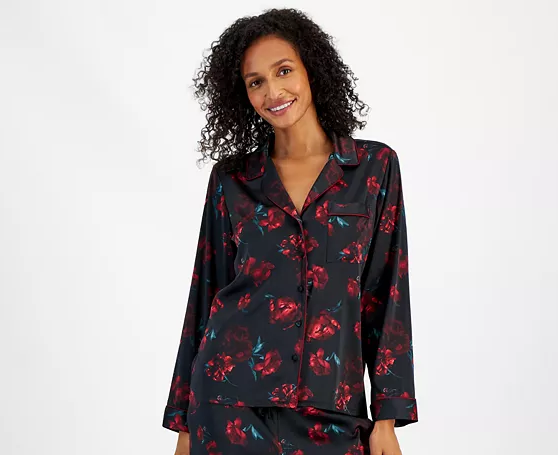 I.N.C Piped-Trim Satin Pajama Top BLACK XXL