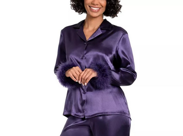 LINEA DONATELLA Marabou Feather-Trim Satin Pajama top PURPLE L