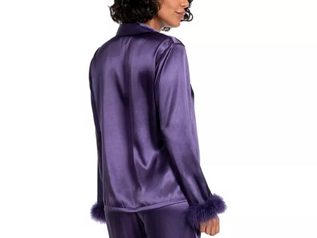 LINEA DONATELLA Marabou Feather-Trim Satin Pajama top PURPLE L