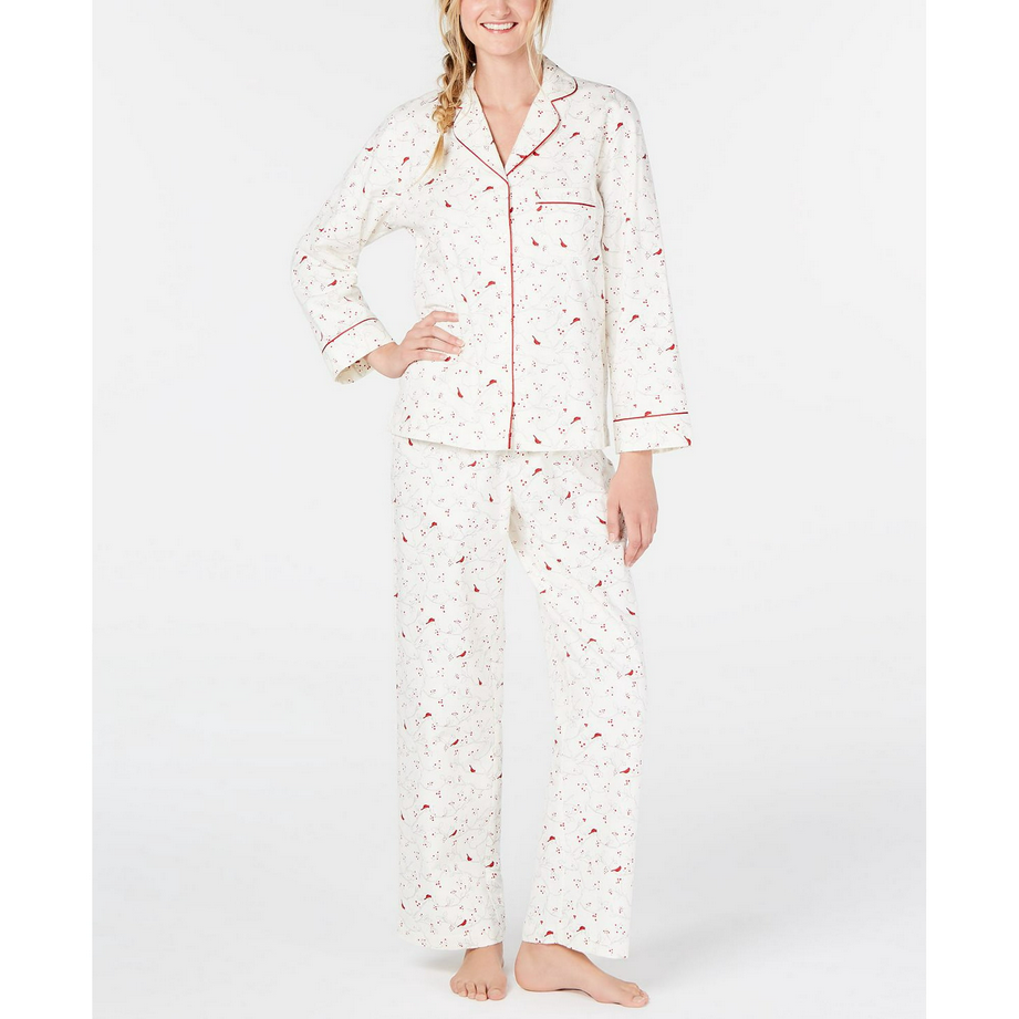 CHARTER CLUB Printed Cotton Flannel Pajama Set WHITE PL