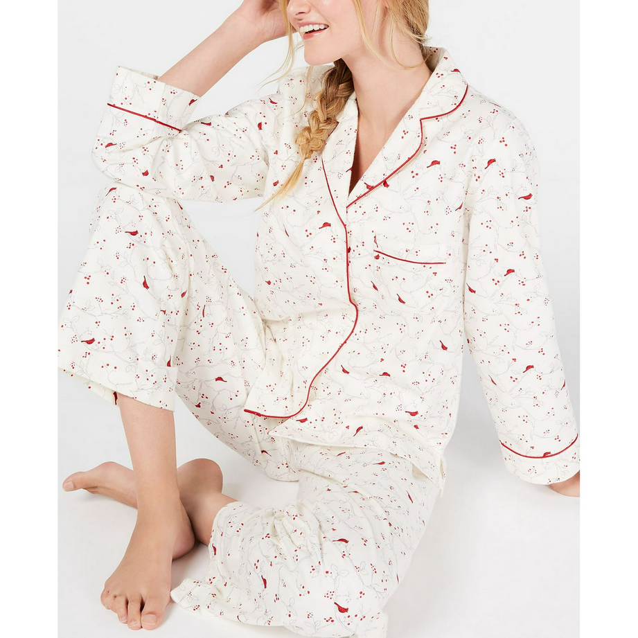 CHARTER CLUB Printed Cotton Flannel Pajama Set WHITE PL
