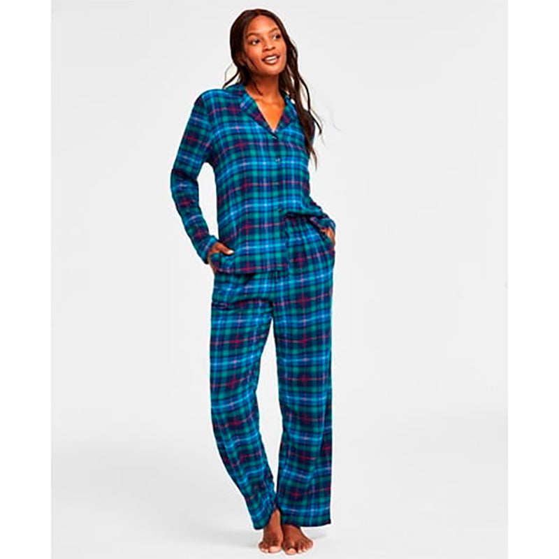 FAMILY PJS Cotton Plaid Notched Pajamas Set NAVY BLUE L