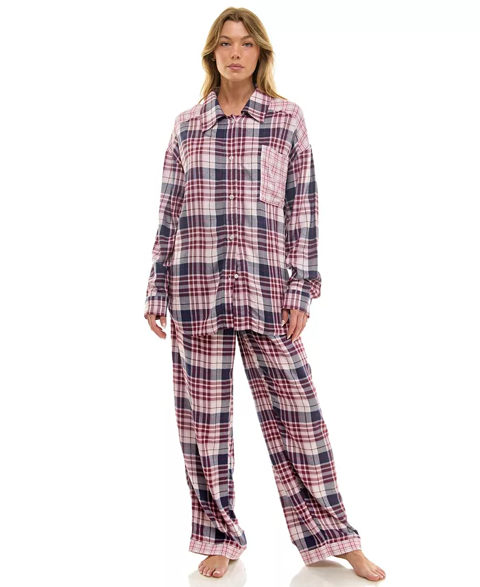 ROUDELAIN 2-piece Color Blocked Collared Pajama Set PINK L