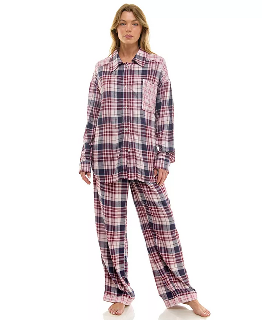 ROUDELAIN 2-piece Color Blocked Collared Pajama Set PINK L