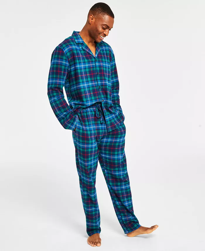 FAMILY PJS Matching Men's Cotton Plaid Notched Pajamas Set NAVY BLUE L