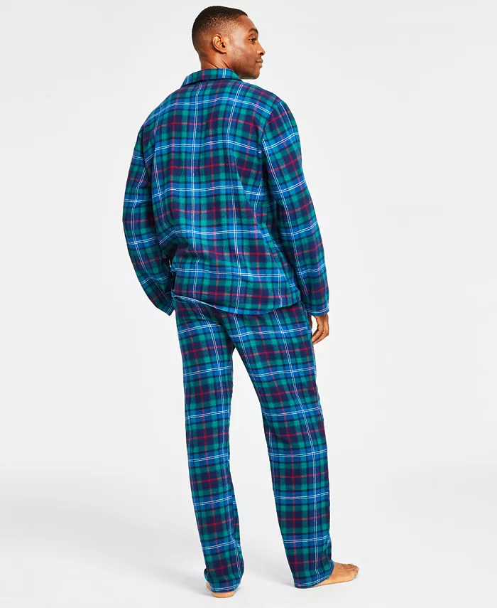 FAMILY PJS Matching Men's Cotton Plaid Notched Pajamas Set NAVY BLUE L