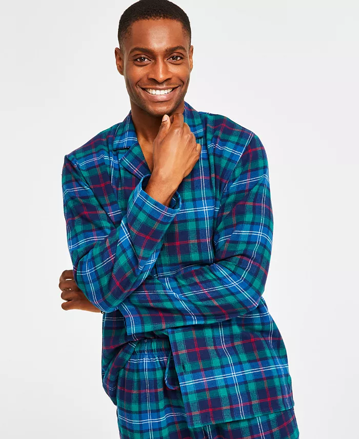 FAMILY PJS Matching Men's Cotton Plaid Notched Pajamas Set NAVY BLUE L