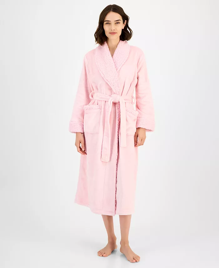 CHARTER CLUB Long Plush Fleece-Trim Robe PINK ROSE QUARTZ XL