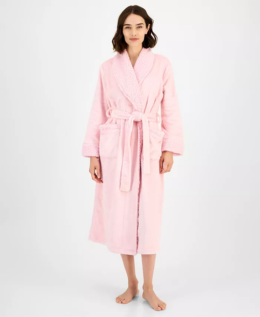 CHARTER CLUB Long Plush Fleece-Trim Robe PINK ROSE QUARTZ XL