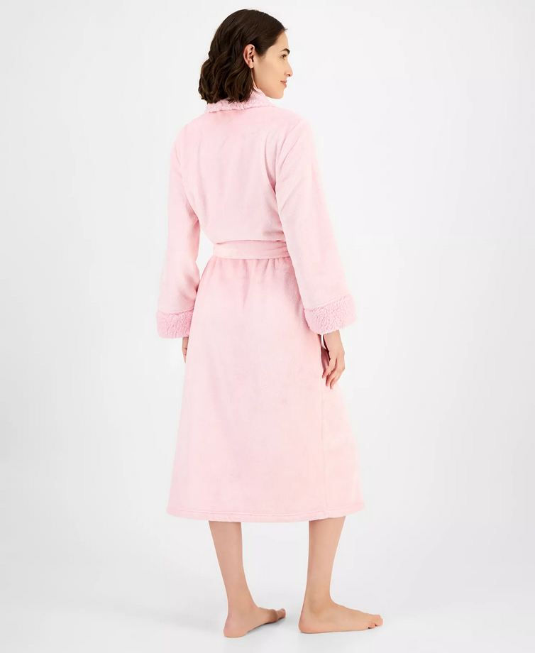 CHARTER CLUB Long Plush Fleece-Trim Robe PINK ROSE QUARTZ XL