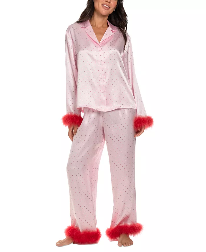 LINEA DONATELLA Marabou Faux-Fur Trimmed Pajama Set PINK S