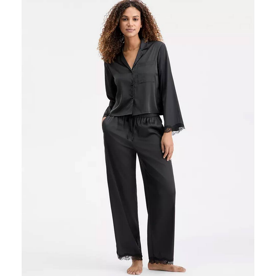 I.N.C Lace Trim Boxy Satin Notch Set BLACK S