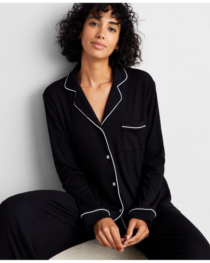 STATE OF DAY 2-Piece Packaged Ribbed Notched-Collar Pajama set BLACK XXL