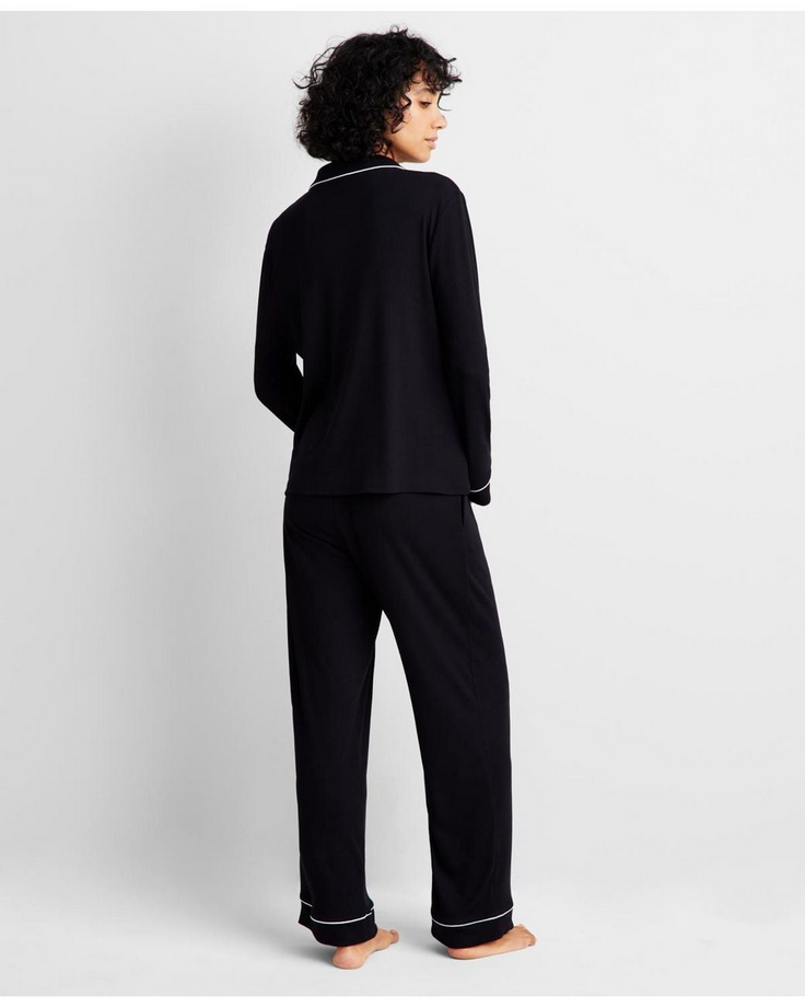 STATE OF DAY 2-Piece Packaged Ribbed Notched-Collar Pajama set BLACK XXL