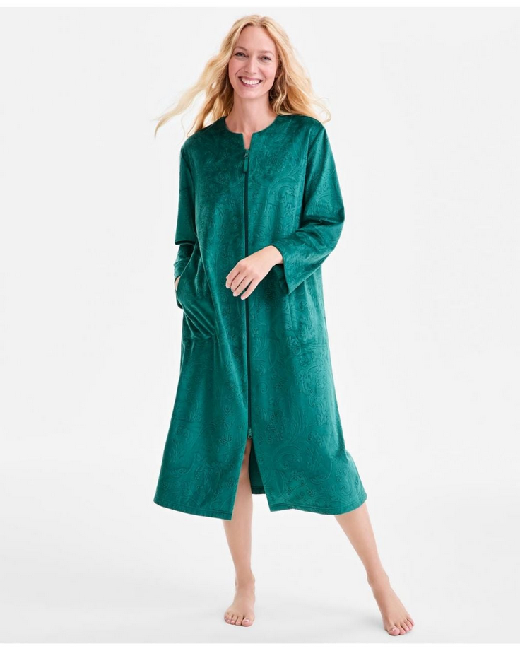 CHARTER CLUB Green Embossed Velour Zip-front Robe GREEN S