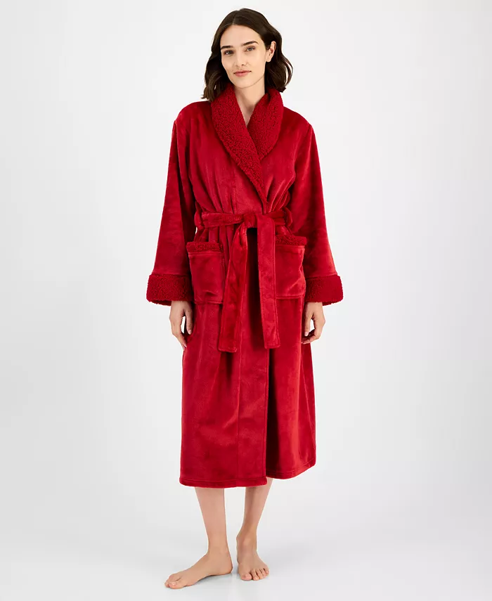 CHARTER CLUB Long Plush Fleece-Trim Robe RED M/L