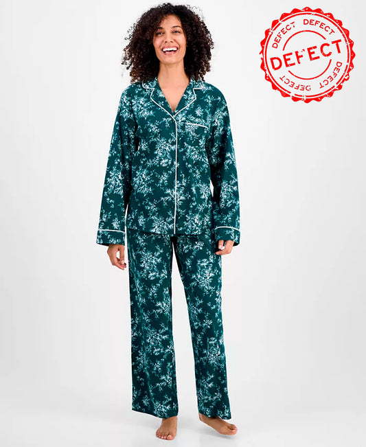 NWD CHARTER CLUB Long-Sleeve Cotton Flannel Packaged Pajama Set GREEN XS