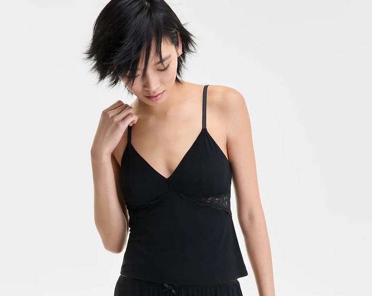 I.N.C Knit Lace-Trim Pajama Top BLACK M