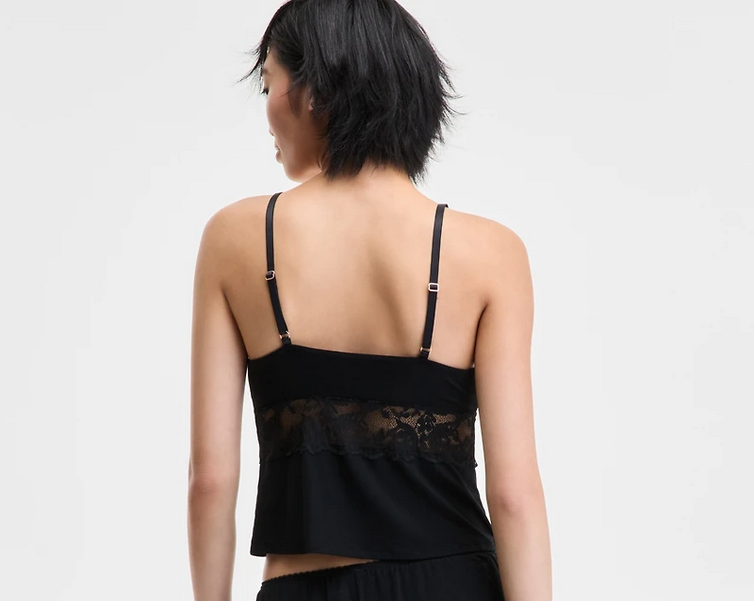 I.N.C Knit Lace-Trim Pajama Top BLACK M