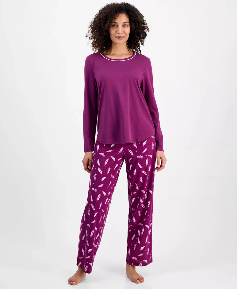CHARTER CLUB Long-Sleeve Jersey Pajama Set FEATHERS PLUM M