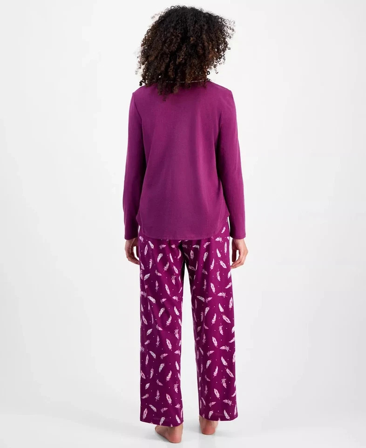 CHARTER CLUB Long-Sleeve Jersey Pajama Set FEATHERS PLUM XL