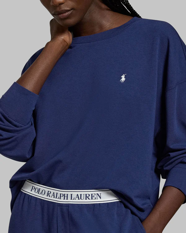 POLO RALPH LAUREN Crewneck Wide Leg Pant Set TERRY NAVY S