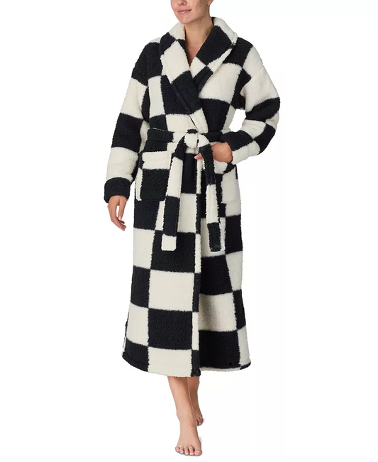 SANCTUARY Belted Checkered Fleece Robe BLACK L/XL