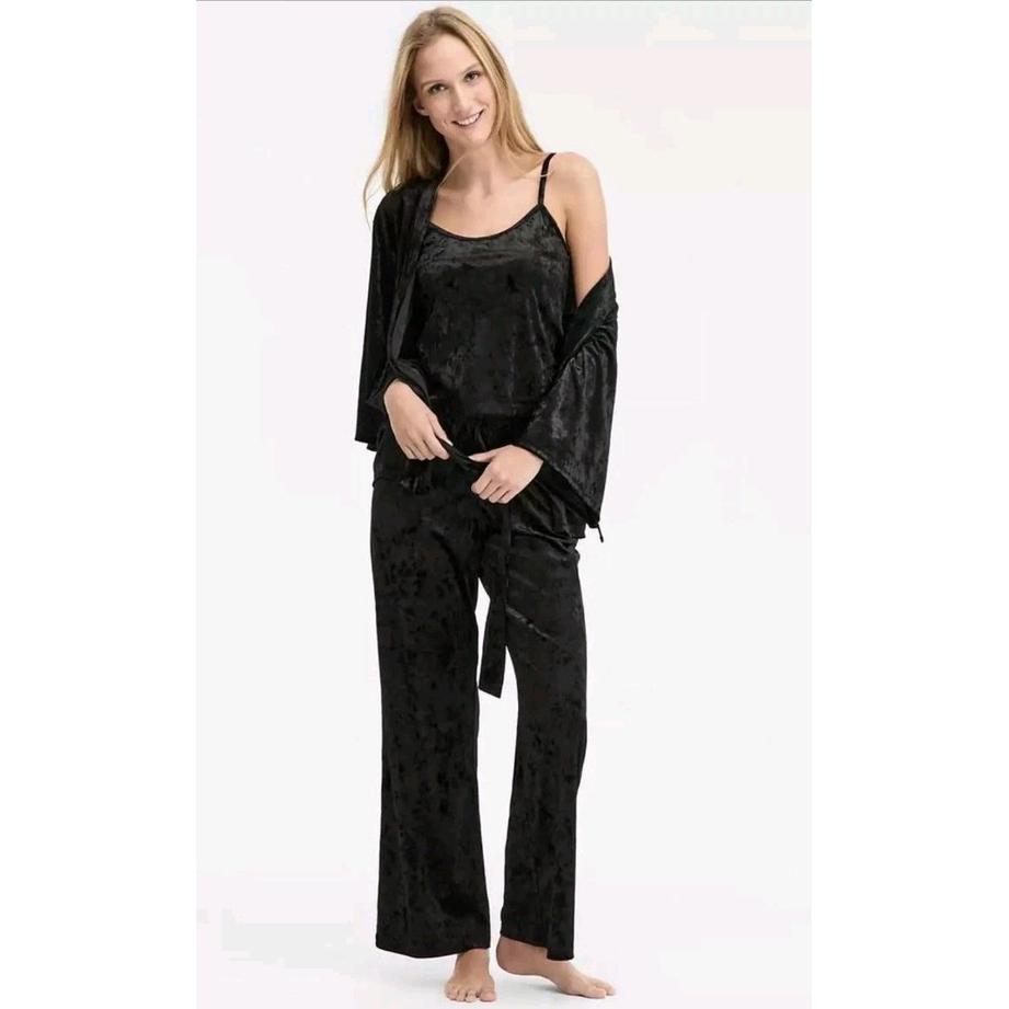 I.N.C 3-Pc.Crushed Velvet Black Pajama Set DEEP BLACK XL