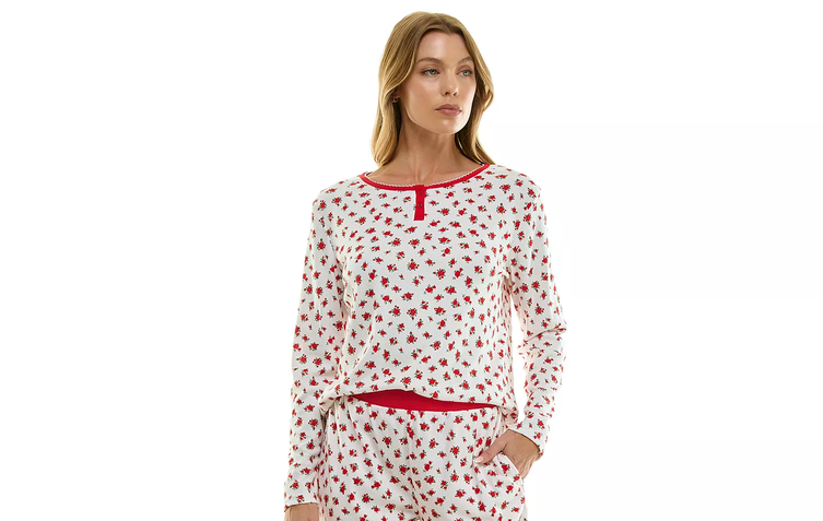 ROUDELAIN Printed Pointelle Long-Sleeve Top WHITE/RED L